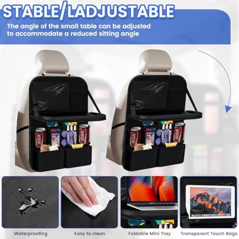 2 Pack Car Back Seat Organizer with Tablet Holder, Multi-Storage Pockets, Foldable Table Board, Black Travel Accessory for Electronics, Toys, Drinks