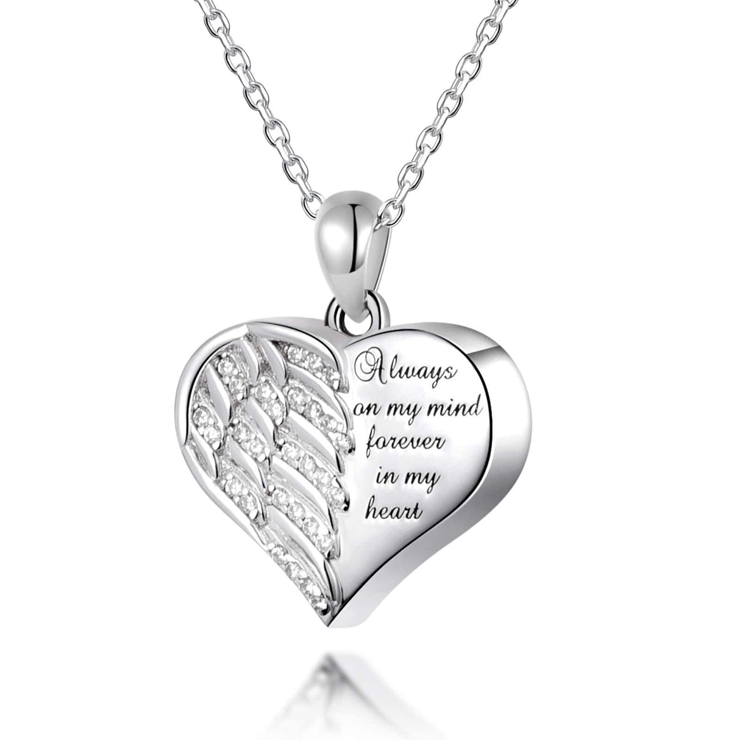 Jinlou Angel Wings Urn Necklace for Ashes Sterling Silver Forever in My Heart Cremation Jewelry for Women, Metal, Cubic Zirconia