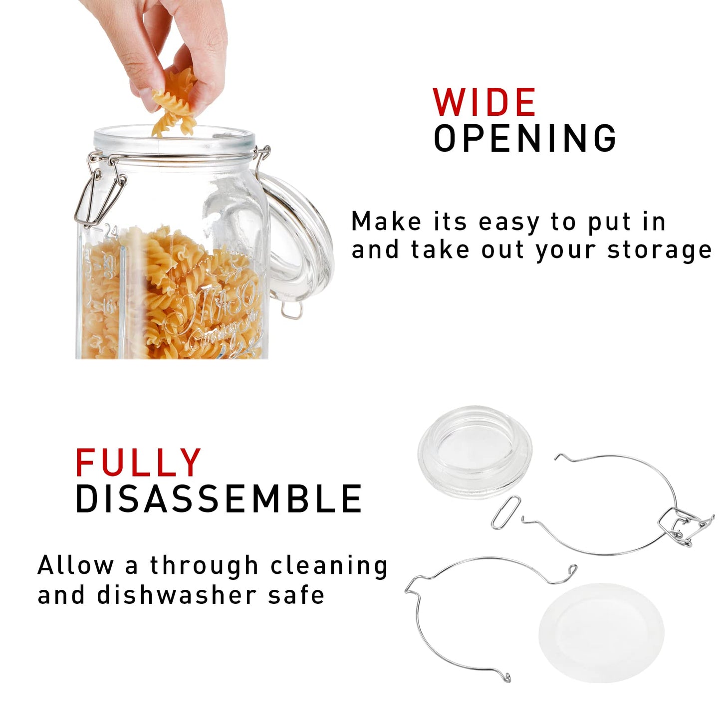 Tebery 4 Pack Clear Wide Mouth Glass Mason Jars with Airtight Clamp Lids, 32Oz Glass Storage Containers Large Kitchen Canisters for Food, Flour, Pasta, Coffee, Candy, Dog Treats, Snacks & More