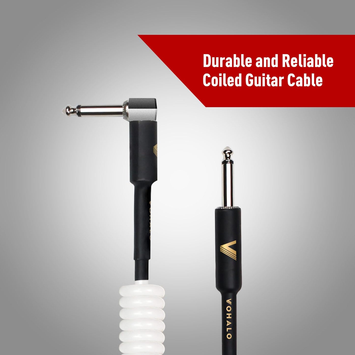 VOHALO Coil Guitar Cable 32 Feet/10M Instrument Coiled Curly Cord for Guitar Bass 1/4 inch Right Angle to Straight White