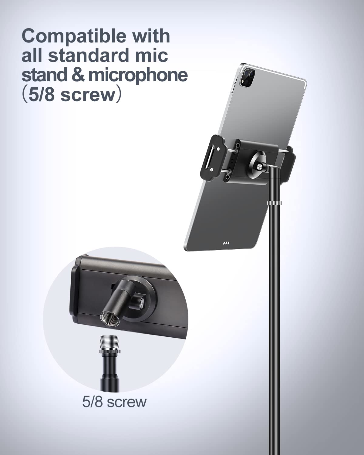elitehood Aluminum iPad Holder for Mic Stand, Side Mount iPad Music Stand Holder for Microphone, 360° Swivel Tilt Adjustable Mic Stand Tablet Holder for iPad, iPhone and More 4-13in Tablet