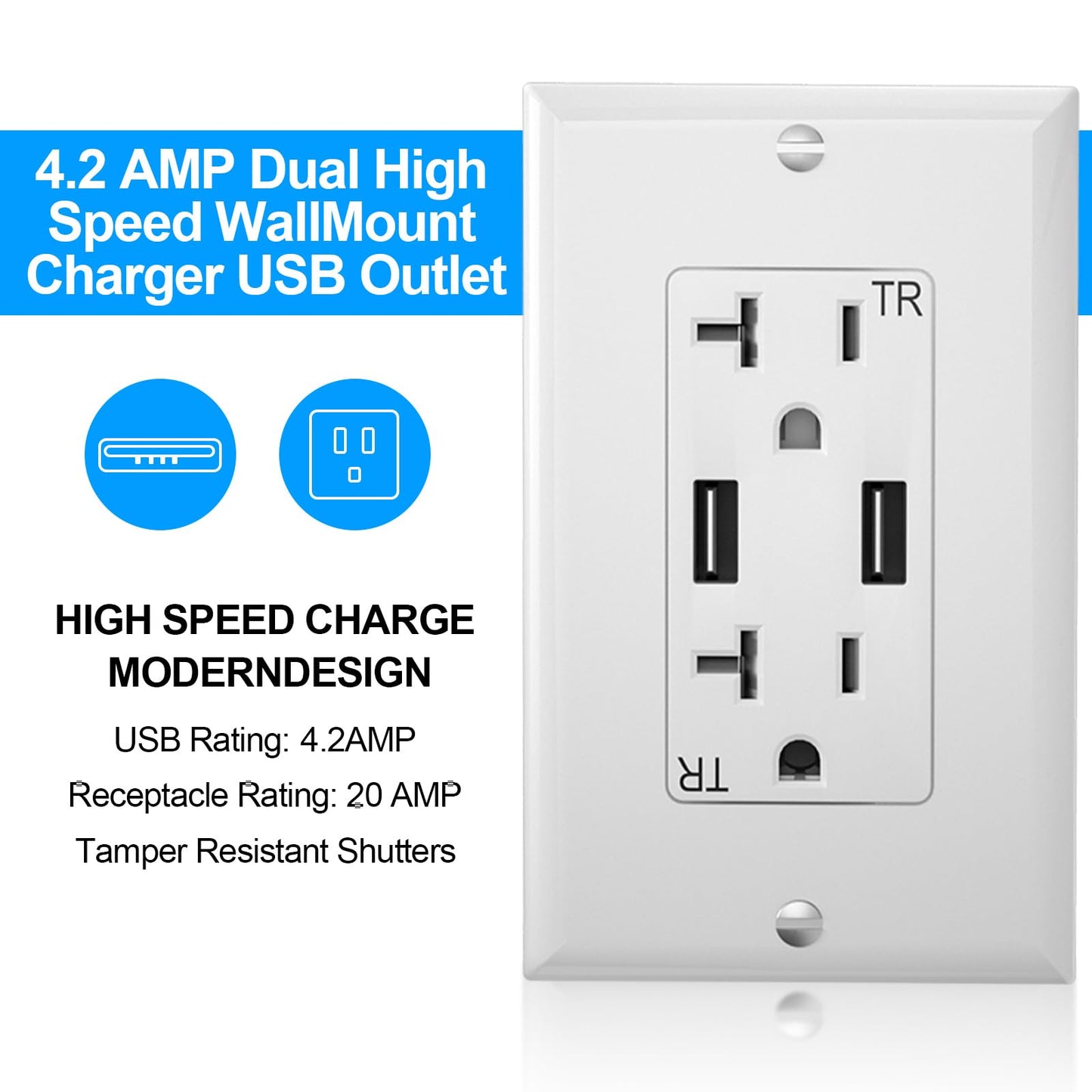 Oviitech USB Outlet High Speed Charger 4.2A Charging Capability, 20 Amp Tamper-Resistant Receptacle Plug Wall Socket, ETL Listed, Wall Plate Included, White, 6 Pack