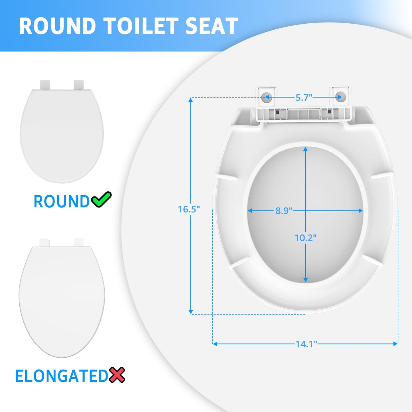 Toilet Seat Round 16.5 Inch & Quick Release - Quick Connect, Standard Toilet Lid Soft Close, PP Material Safe & Easy Clean and Install, Sturdy Accessories Never Loosen, White Plastic