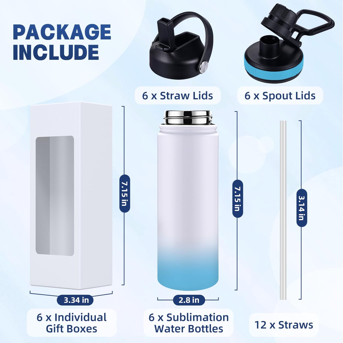CoolSub Sublimation Sports Water Bottle Blanks, 20oz Sublimation Tumblers Double Wall Stainless Steel Sublimation Cups with Wide Mouth Lid and Straw 6 Packs