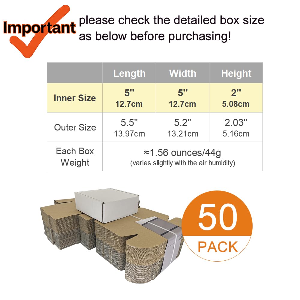 CH-BOX 50 Pack 5x5x2'' Small Shipping Boxes, Corrugated Cardboard Mailers for Business, White (CM552)