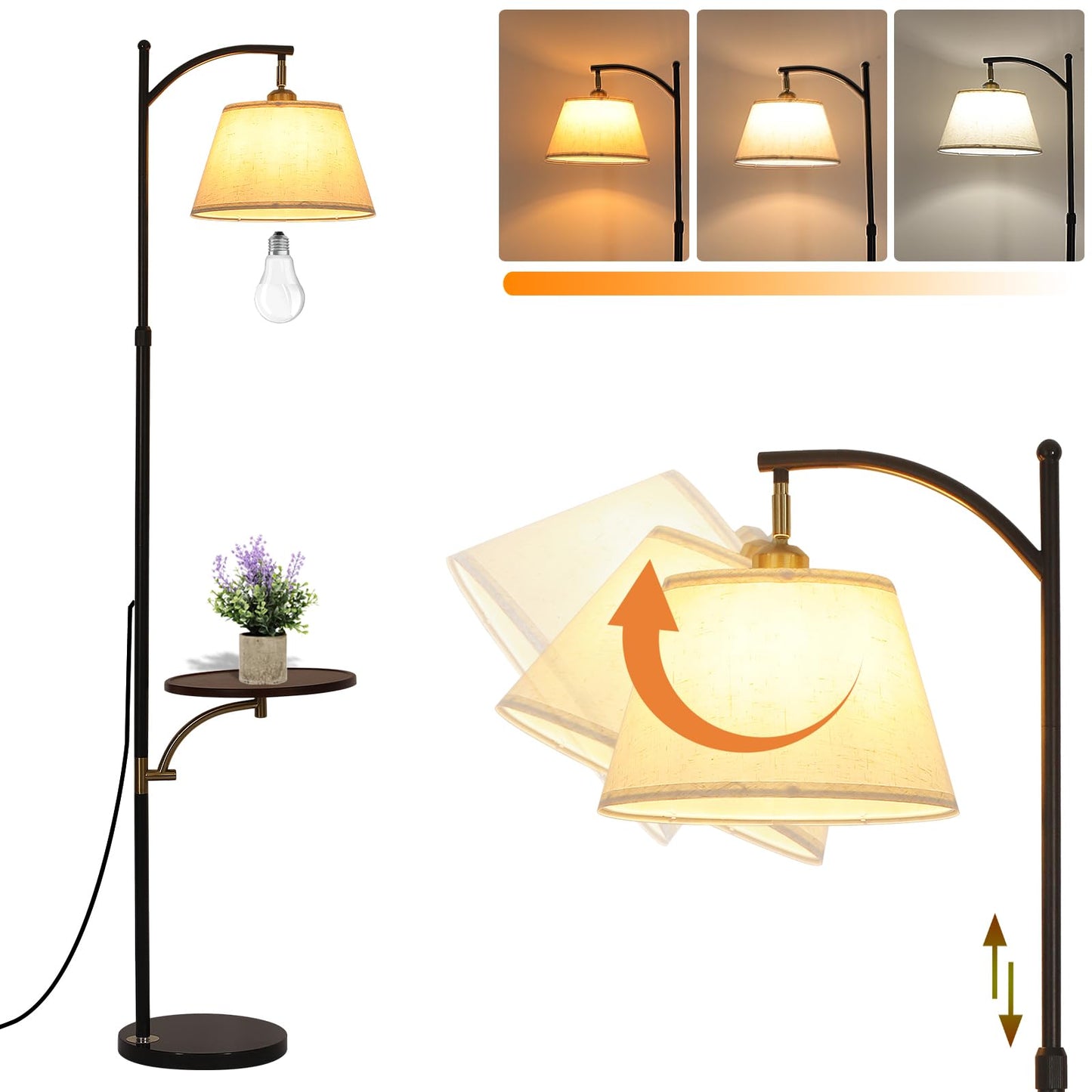 Floor Lamp with Table for Living Room, Tall Floor Standing Lamps with Shelves, Height Adjustable Lamp Table Combo, Dimmable Corner Rustic Lamps with Tray for Bedroom Office, Bulb Included (Linen)