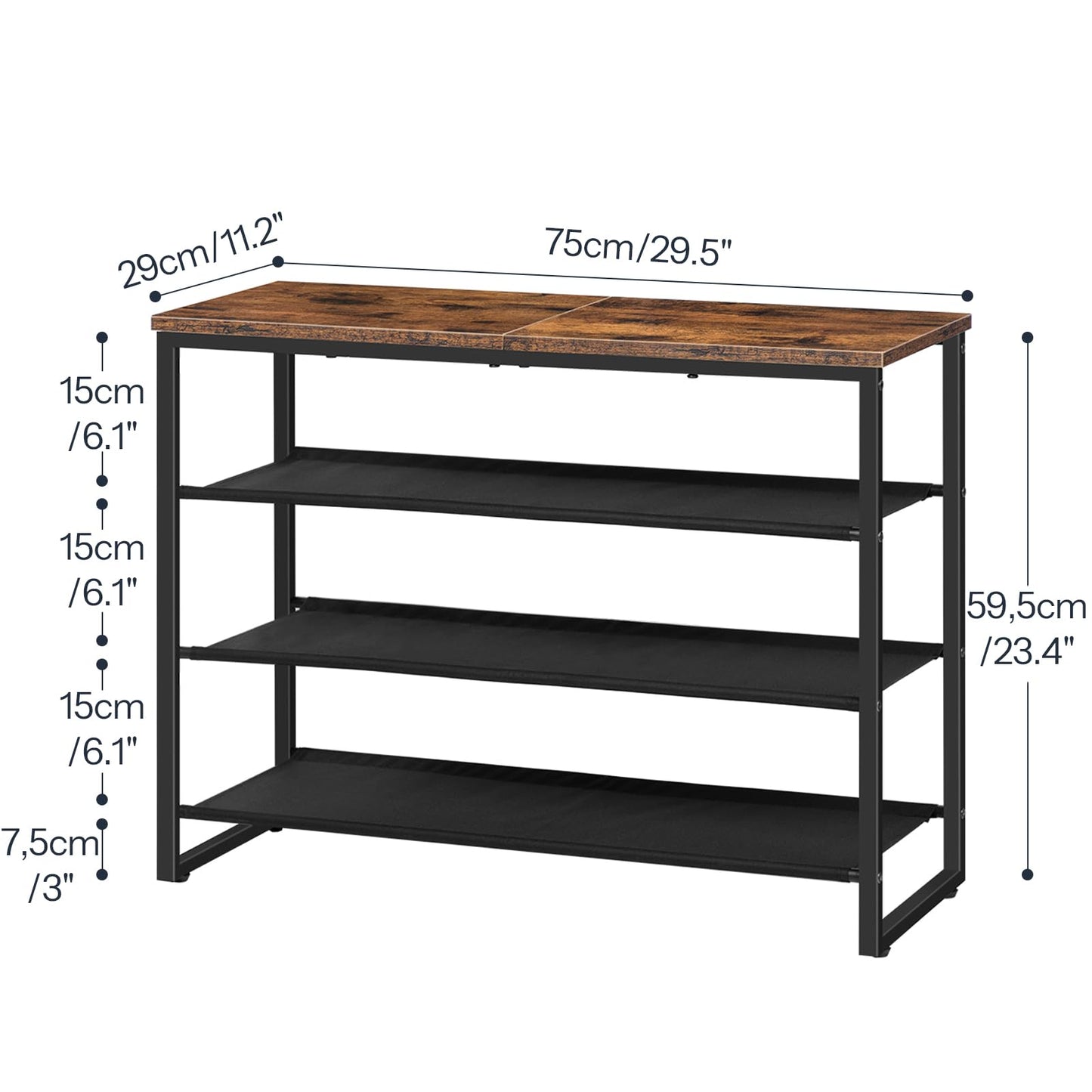 HOOBRO Shoe Rack, 4 Tier Shoe Storage Organizer, Shoe Shelf with 3 Oxford Fabric Shelves and Top Panel, Holds 12-16 Pairs of Shoes, for Entryway, Closet, Steel Frame, Rustic Brown BF47XJ01G1