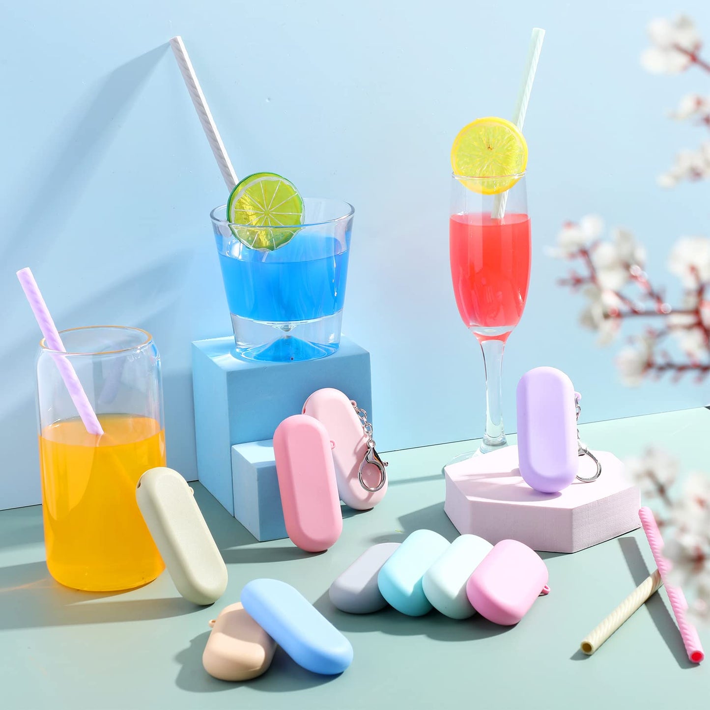 Rtteri 50 Sets Reusable Foldable Silicone Straws Travel Collapsible Portable Straws with Case Long Cleaning Brushes and Keychain for Home Party Travel Picnic Cold Hot Drink