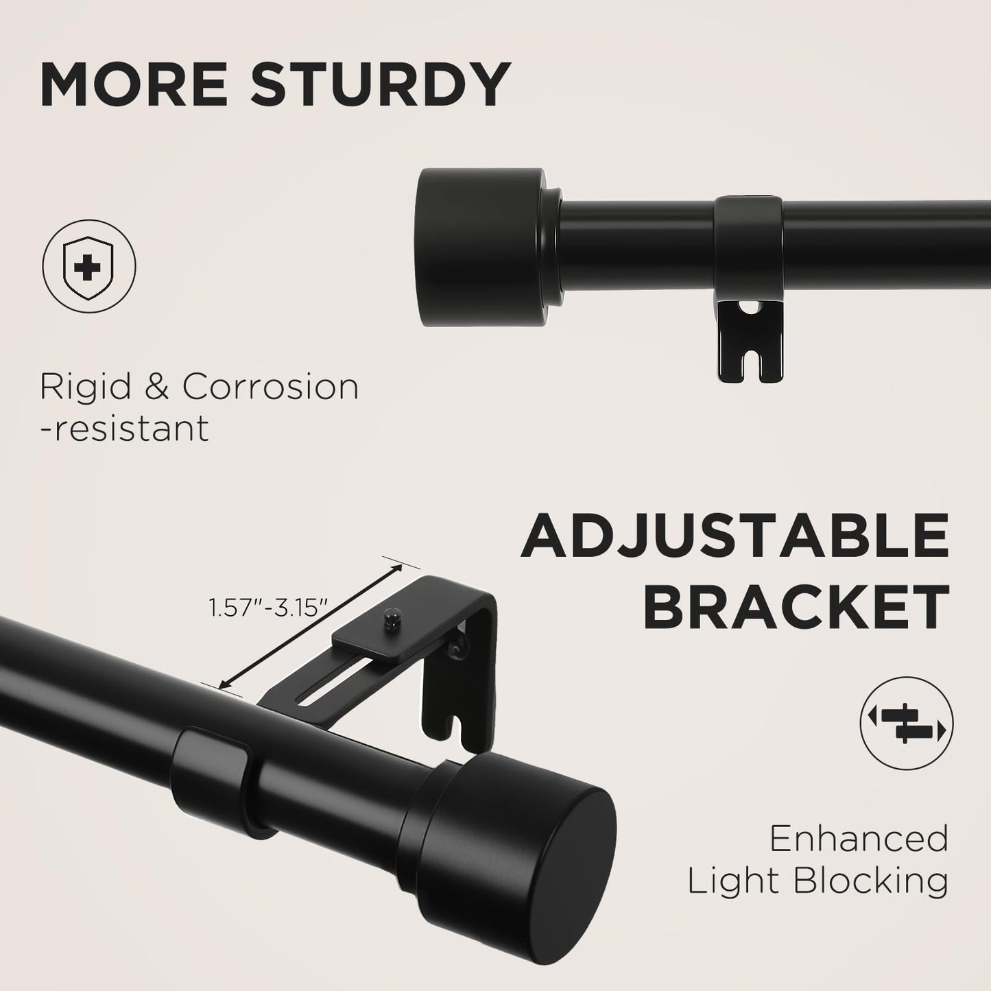 Joydeco Black Curtain Rods for Windows 32 to 120 Inch, 1 Inch Heavy Duty Adjustable Drapery Rod with Brackets for Outdoor Patio, Living Room, Bedroom, Kitchen