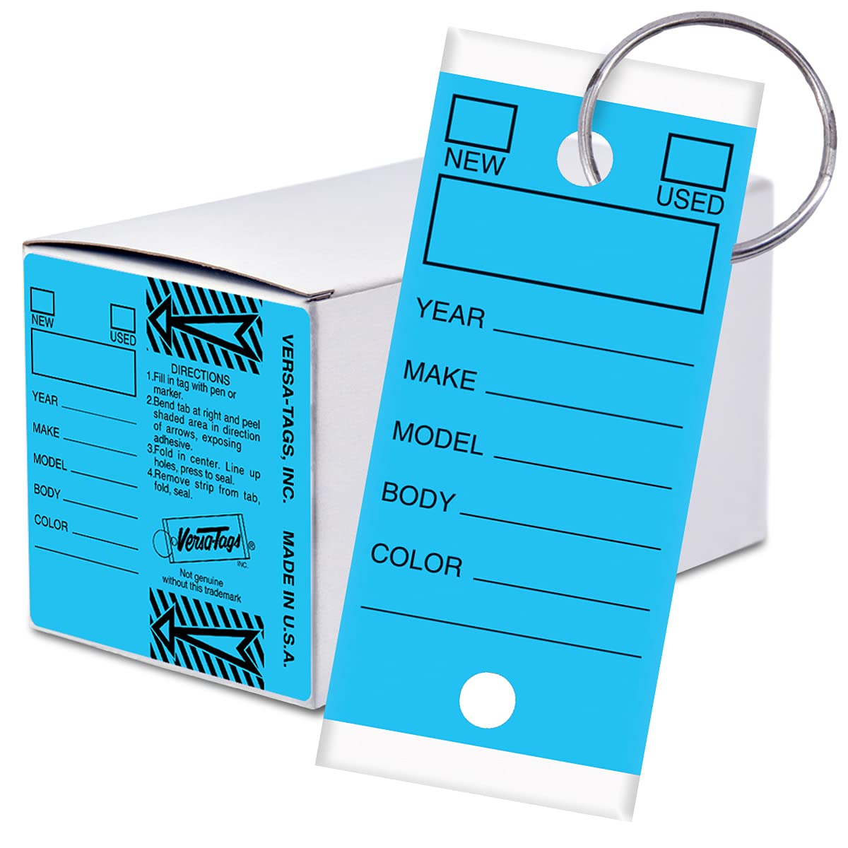 BLUE - Genuine Versa-Tag Blue Key Tags, Self-Protecting (250 tags per box with "Chrome" plated steel rings)
