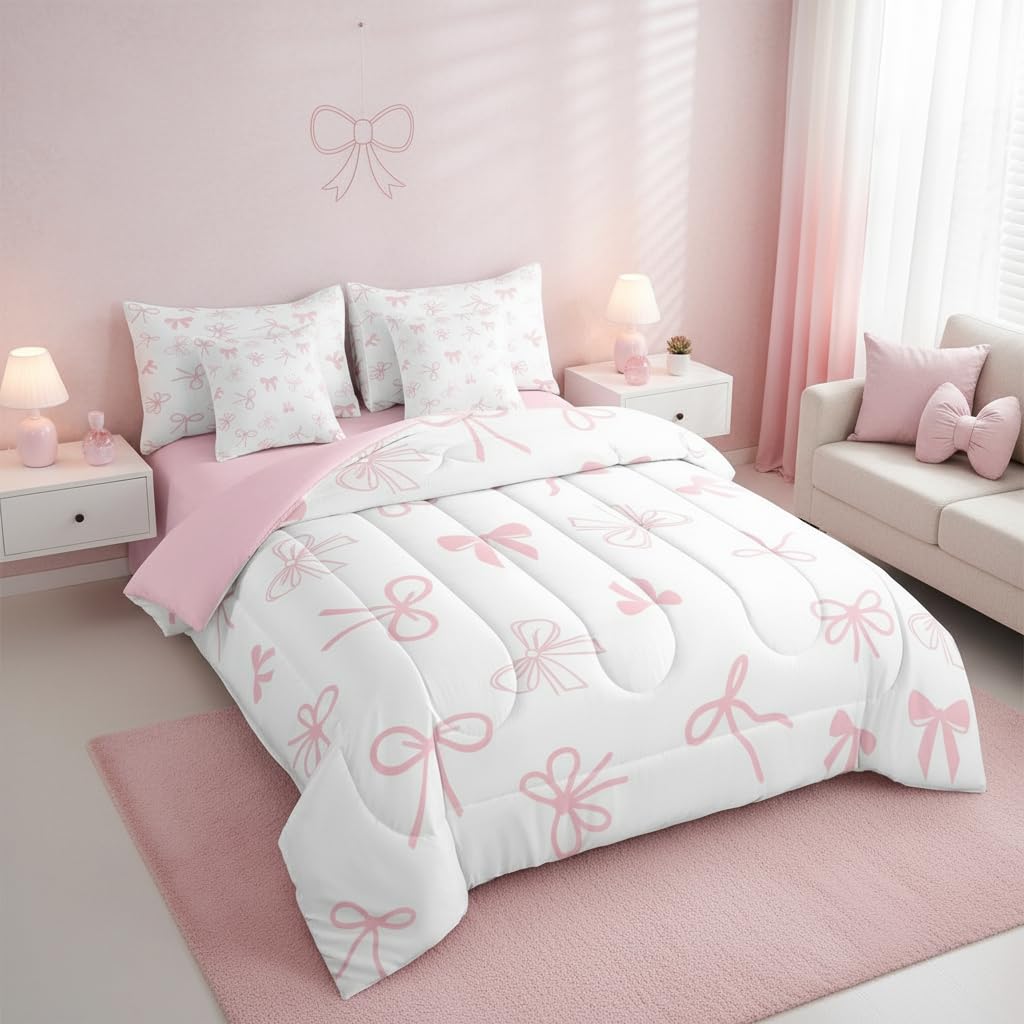 Erosebridal Bow 7 Piece Bedding Set Full Cute Bowknot Comforter Set with Sheets Princess Bow Tie Bed in a Bag White Pink Simple for Kids Girls Women