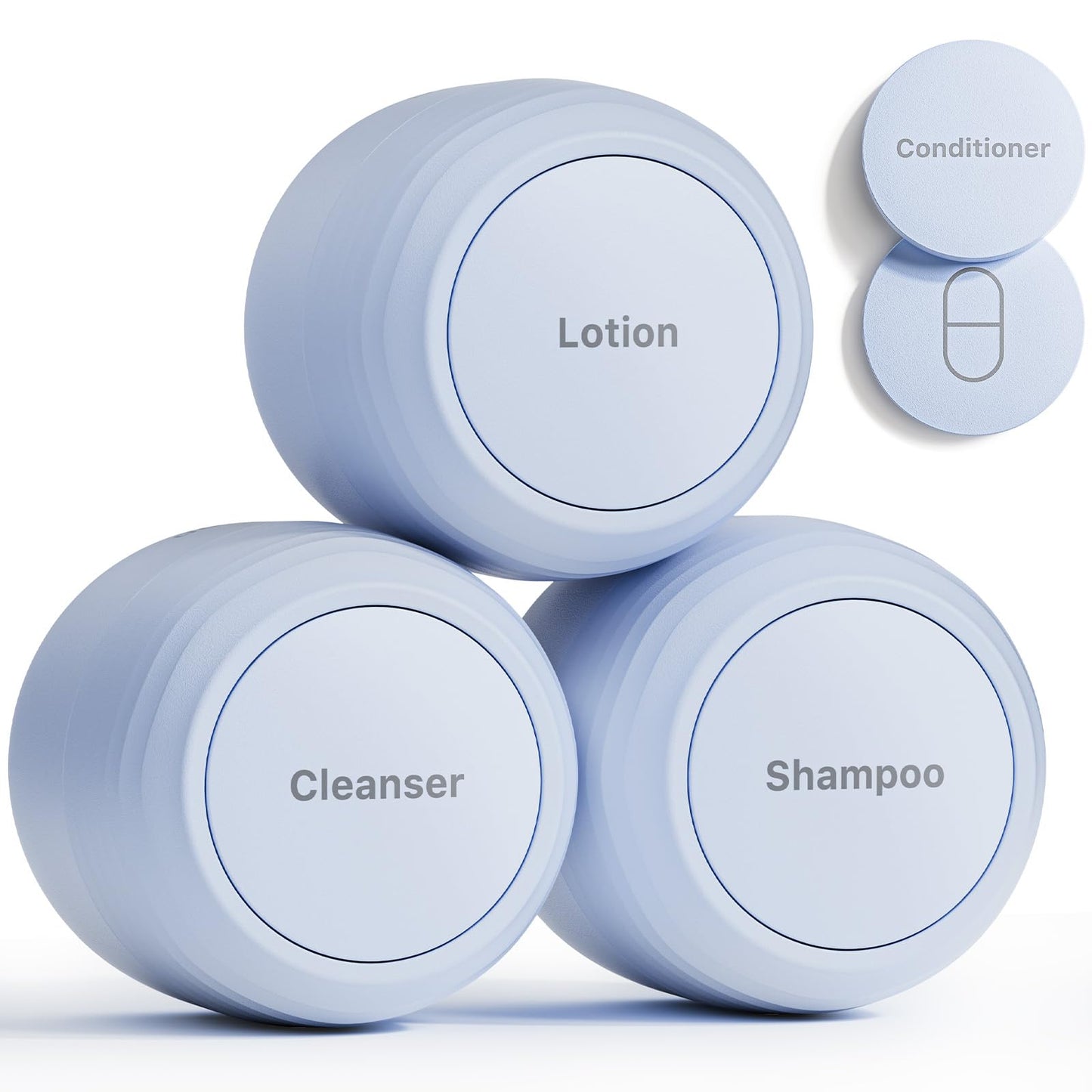 Trimcoo Travel Containers - Basic Skincare Set - Magnetic Travel Capsules - Facial Cleanser, Moisturizer, Sunscreen - 3 Small Capsules (0.56oz) with Cleanser, Moisturizer & Sun-Icon Label - Blue