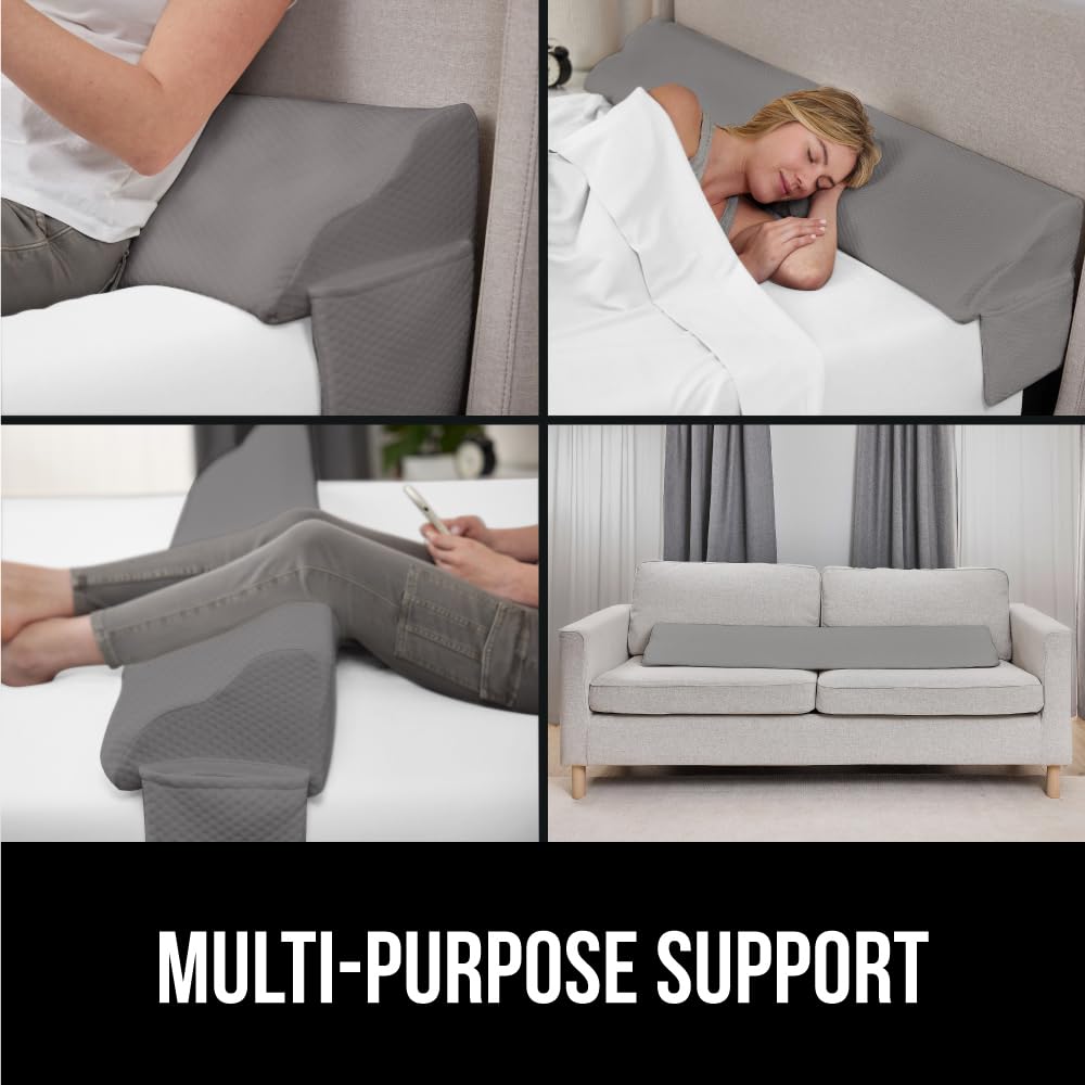 GORILLA GRIP Bed Wedge Pillow Headboard Gap Filler, Comfortable Supportive High Density Foam Angled Pillows, Stay in Place Gripping Dots, Support Sleep Wedges Between Mattress, Queen Size Soft Gray
