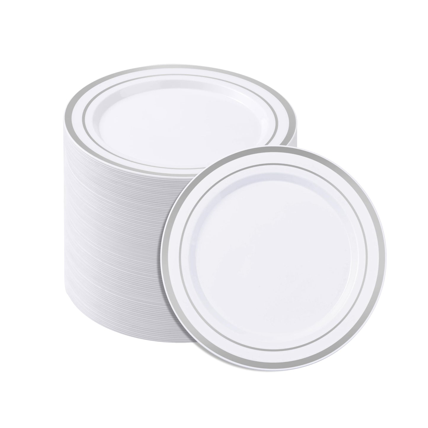 BESTSTAR 7 Inch White Plastic Plates,100PCS Disposable Dessert/Appetizer/Small Cake Plates with Silver Rim,Heavy Duty Plate Ideal for Wedding and Birthday