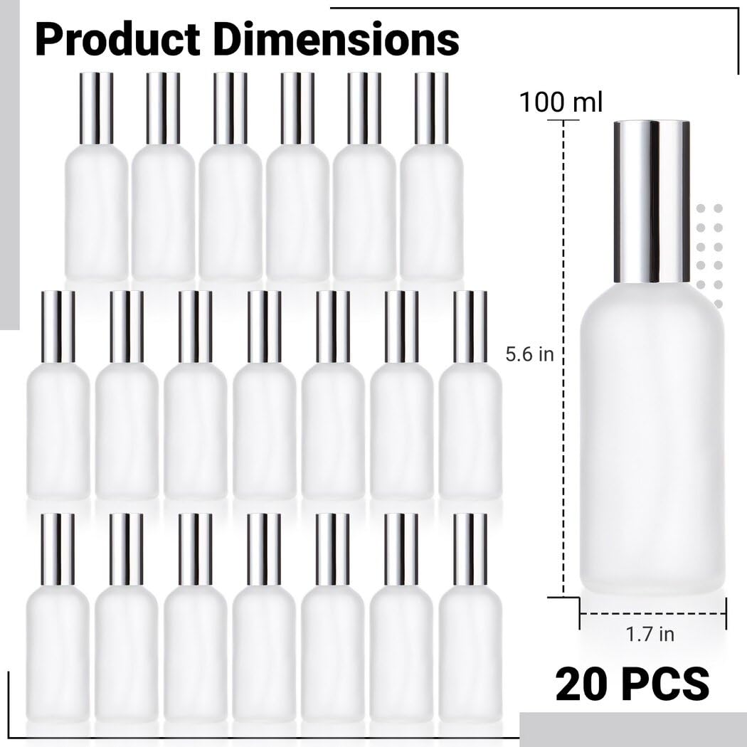 Toyosport 20 Pcs 100 ml/3.4 oz Frosted Glass Spray Bottles, Empty Perfume Atomizer, Reusable Cosmetic Small Glass Container, Refillable Spray Mister