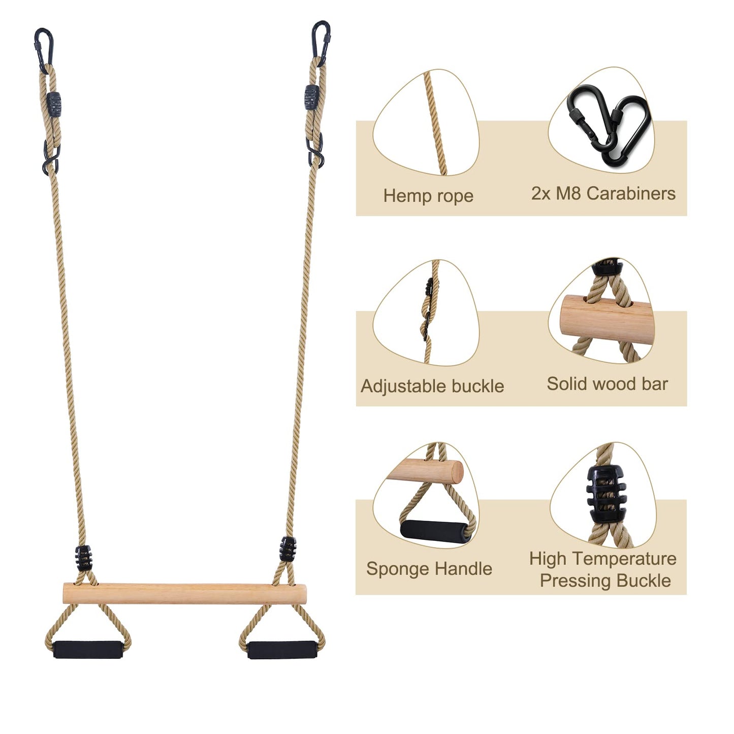 Wooden Trapeze Swing Bar with Gym Rings for Adults Children's Swing Set Indoor Outdoor Garden,Yard,Playground