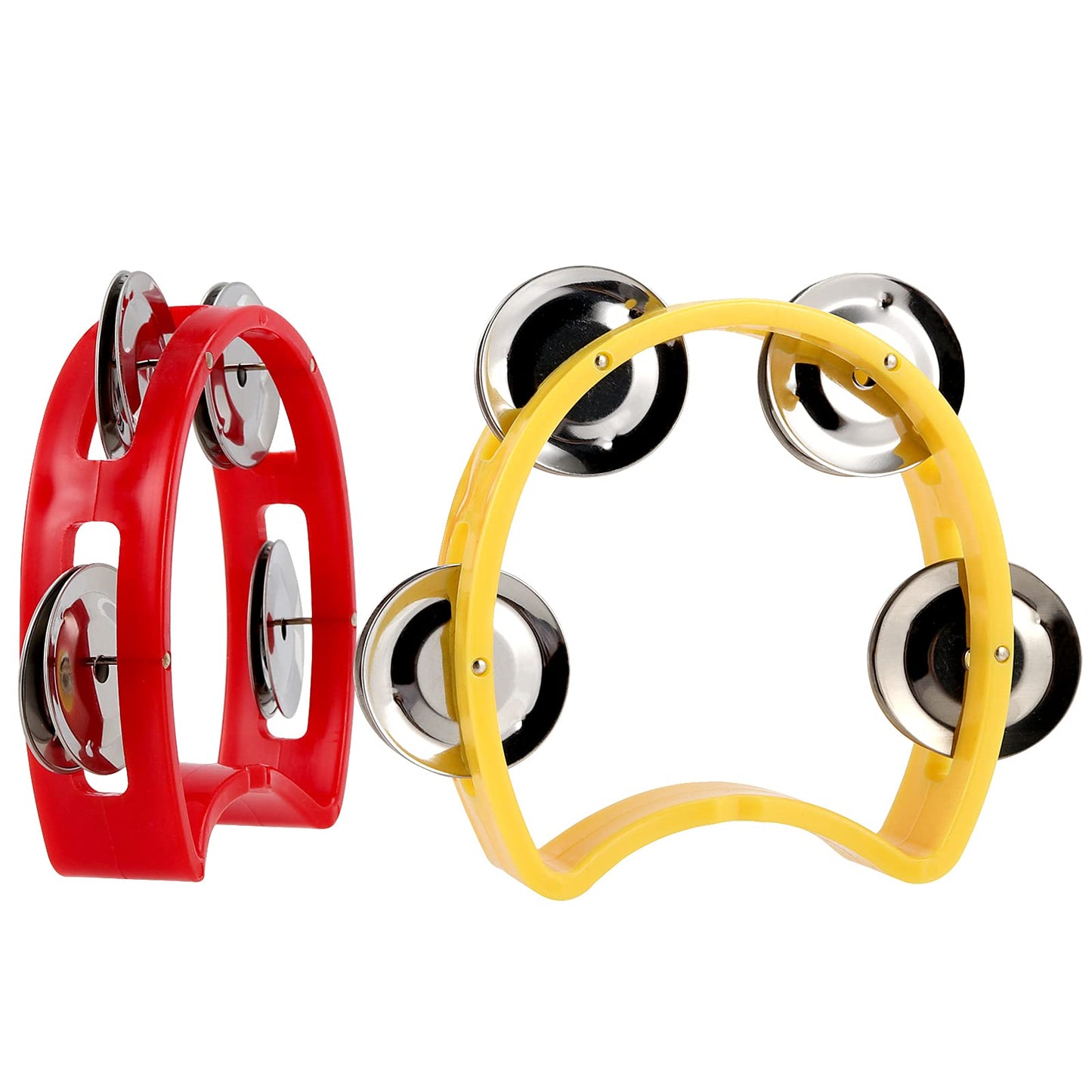 MUKLEI 20 Pack Half Moon Handheld Tambourine, Half Moon Musical Tambourine for Beginner, School, Red and Yellow