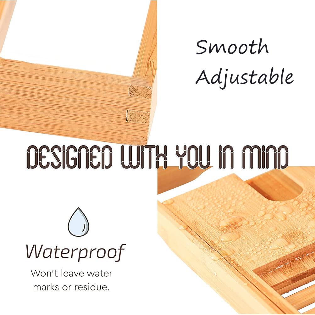 Bamboo Bathtub Caddy Tray, Bath Tub Tray with 12-in-1 Features Adjustable Bathtub Table, Non-Slip and Holds Books/Tablets/Cell Phone/Towels/Foods/Wineglass/Soap Dish (Double Box)