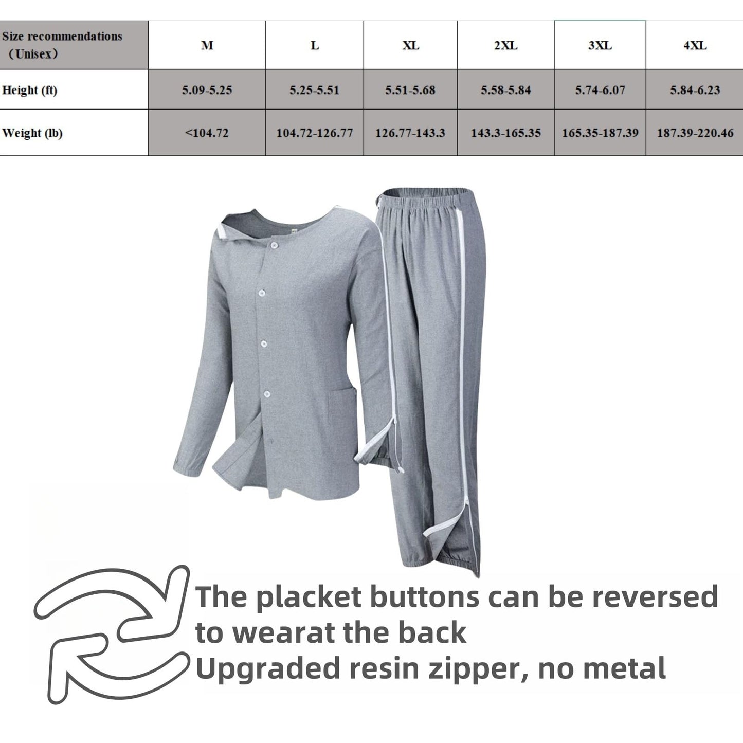 Aylashine Bedridden Patient Nursing Pajamas, Two Ways to wear, Front and Back Cotton, Breathable, Sweat-Wicking and Comfortable, Unisex, Zipper Closure,Gray XXXL