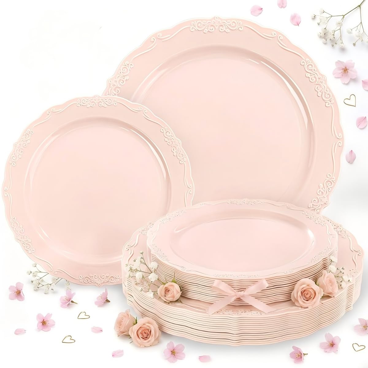 Tinybee 60PCS Pink Plastic Plates - Heavy Duty Pink Disposable Plates, Elegant Plastic Plates for Bridal Shower, Wedding and Party Including 30 Dinner Plates 10 '' & 30 Dessert Plates 7.5 ''