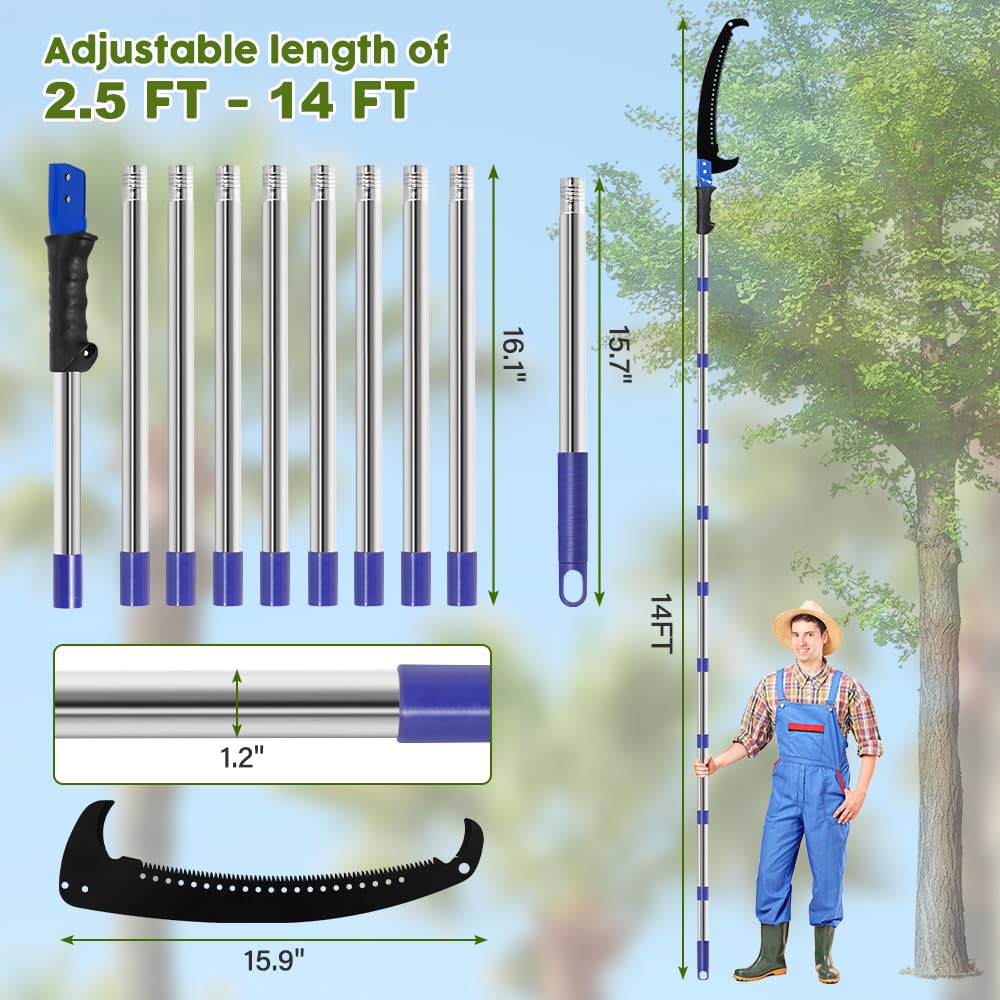 OUDUCK 14FT Pole Saw for Tree Trimming, Manual Pole Saw Extendable Tree Pruner with Sharp Saw Blade, Tree Branch Pruner Garden Tools