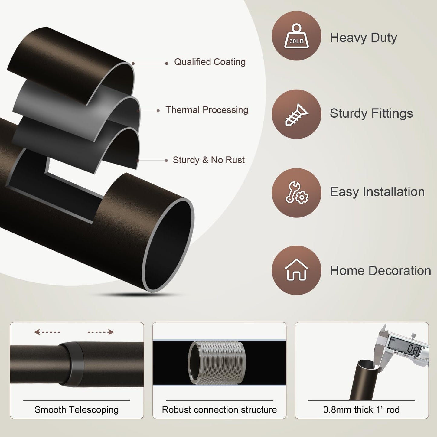 2 Pack Modern Brown Curtain Rods Set for Windows 48 to 84 Inches Adjustable Length Heavy Duty 1" Diameter Window Curtain Rod with Decorative Finials for Outdoor Bedroom Kitchen Living Room