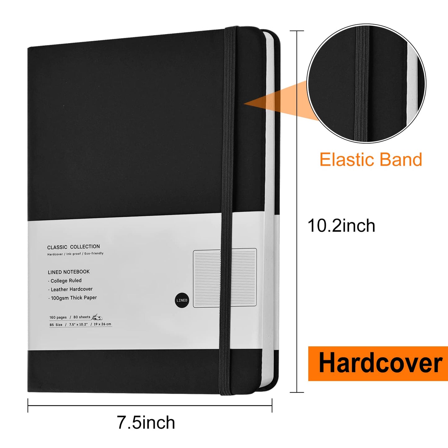 Coopay 6 Pack B5 Notebooks Journal College Ruled Composition Notebooks Classic Hardcover Lined Journals for Office Home School Business Writing Note Taking, 10.2" x 7.5", 100GSM Thick Paper (Black)