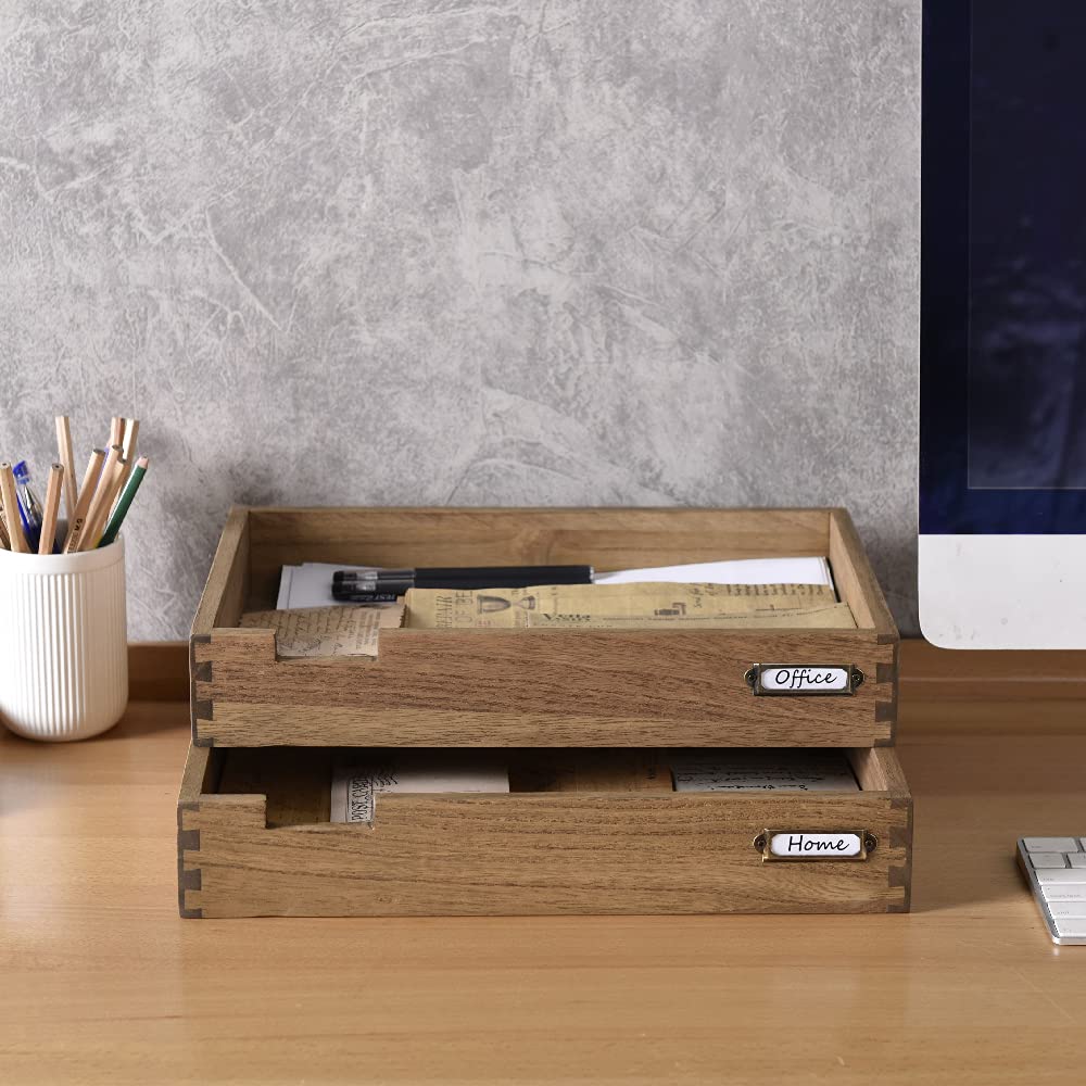 Kirigen Wooden Stackable Office Letter Organizer Desk Tray Pack of 2 - Wood Two Tier Tray for Desktop Organizeration with Metal Label Card Holder - Inbox Tray for Desk,Dark Brown,2TTP-DBR