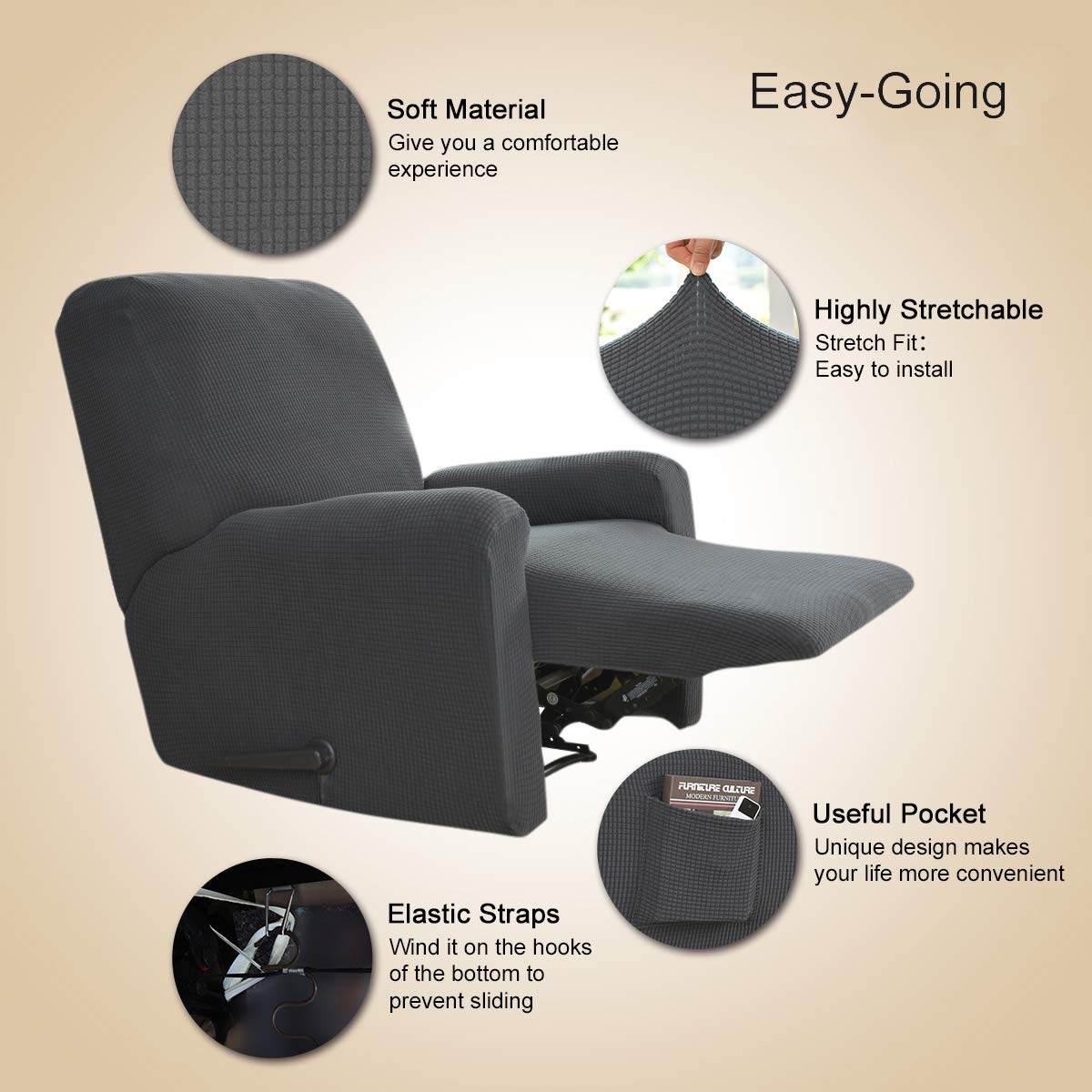 Easy-Going Recliner Stretch Sofa Slipcover Sofa Cover 4-Pieces Furniture Protector Couch Soft with Elastic Bottom Kids, Spandex Jacquard Fabric Small Checks(Recliner,Dark Gray)