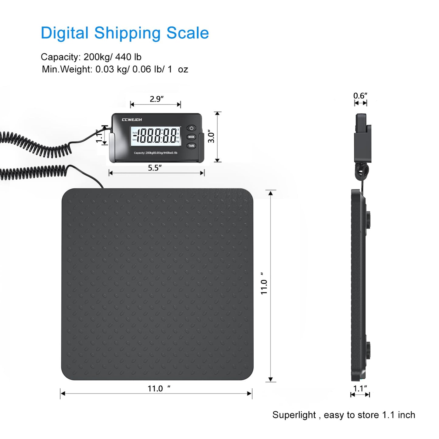 CCweigh Digital Shipping Postal Scale 1.76 oz High Accuracy！440lb with Tare Function, Extended LCD Display for Packages Small Business, Mail, Warehouse, Home, Battery & Charging Cable Included