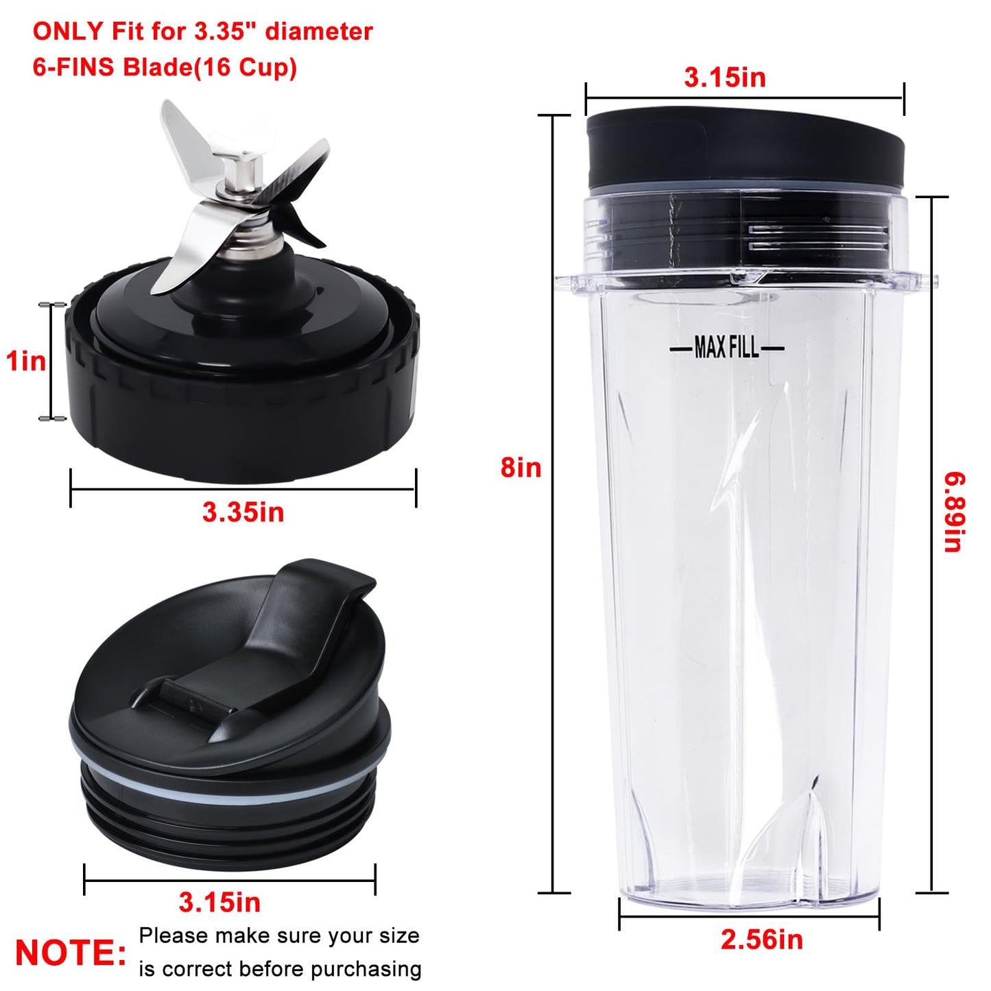 Replacement Parts Compatible with Nutri Ninja, Blender Blade 6 Fins and 2 Pcs 16oz Single Serve Blender Cup Set Compatible with Ninja BL660 BL740 BL780 BL772 BL773CO