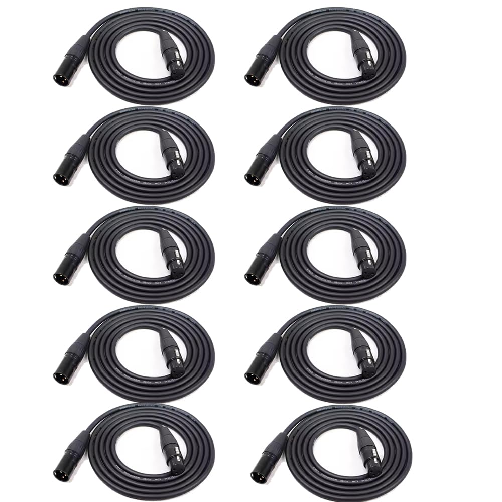 DMX Cables, 10 Pack, 6.5 ft (2 m), 3 Pin XLR Male to Female, for Stage Lighting, Spotlights, DJ Lights, Black