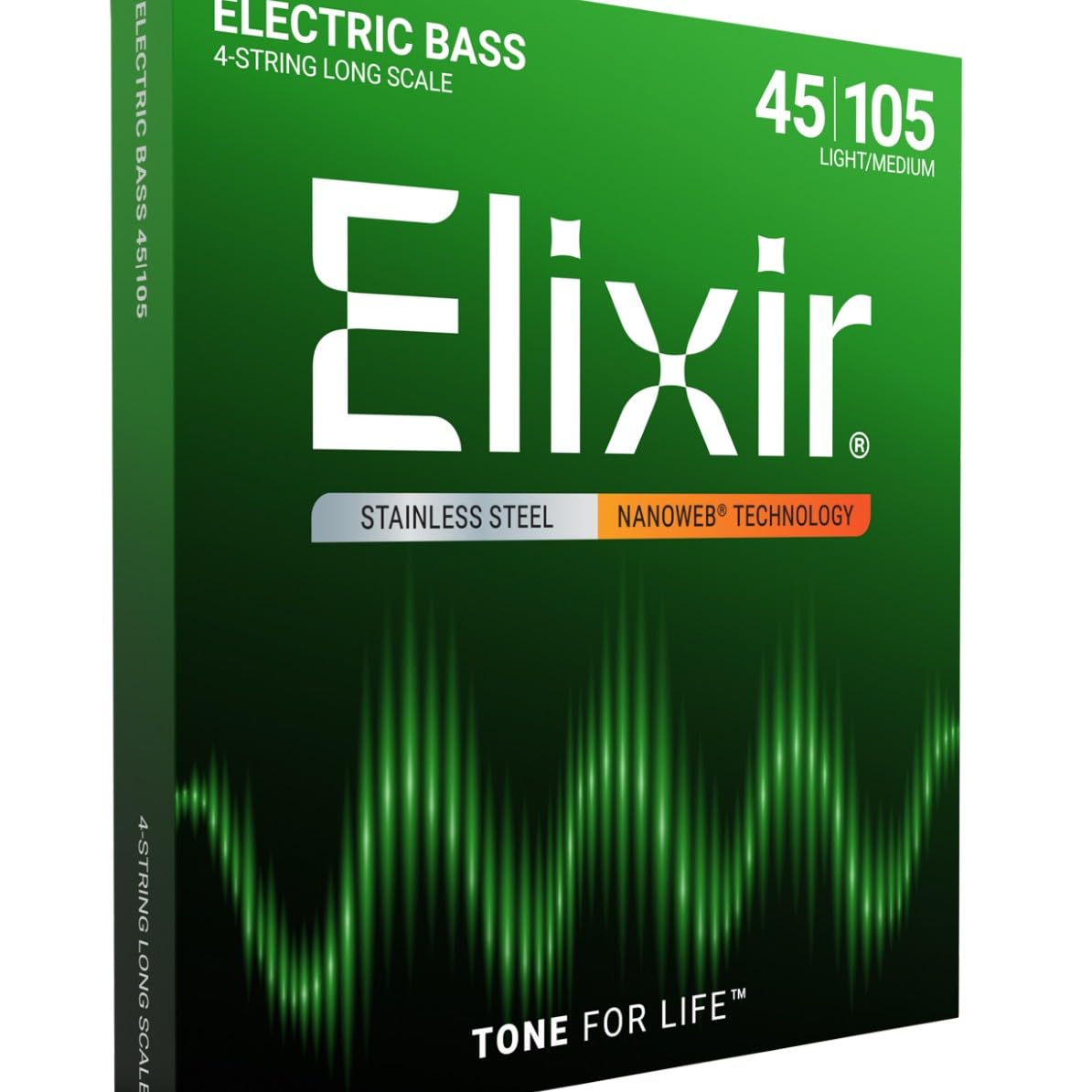 Elixir Strings, Electric Bass Guitar Strings, Stainless Steel with NANOWEB Technology, Longest-Lasting Bright Tone with Comfortable Feel, 4-String Set, Long Scale, Light/Medium 45-105