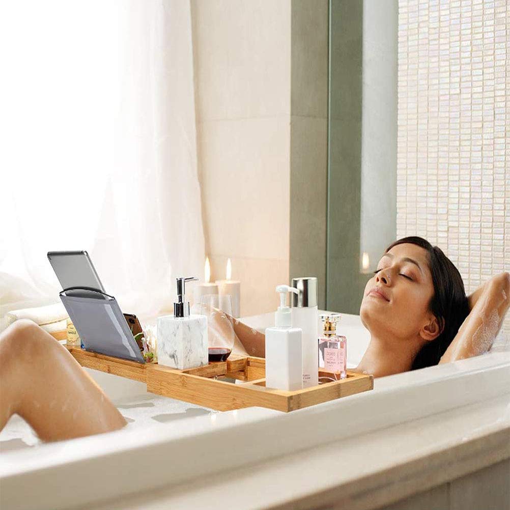 Bamboo Bathtub Caddy Tray, Bath Tub Tray with 12-in-1 Features Adjustable Bathtub Table, Non-Slip and Holds Books/Tablets/Cell Phone/Towels/Foods/Wineglass/Soap Dish (Double Box)