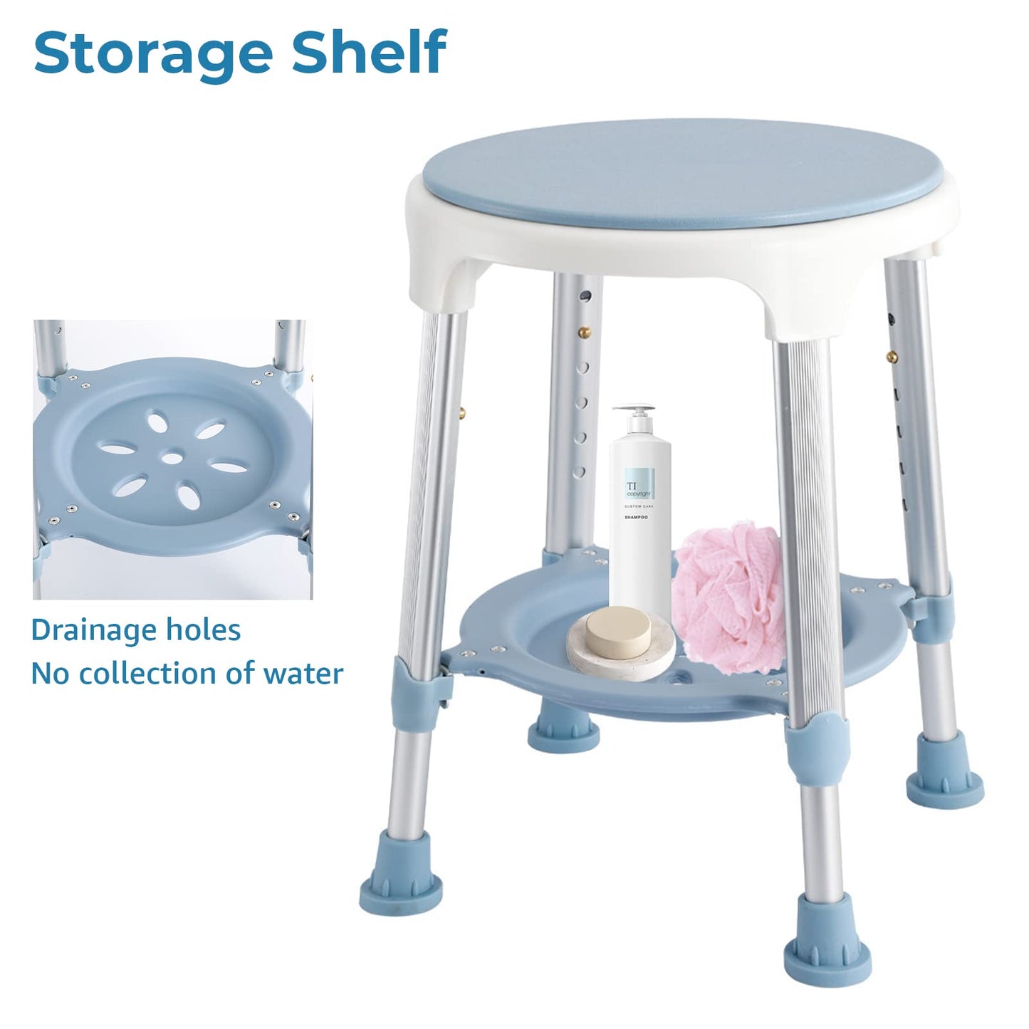 KSITEX Shower Chair Stool for Inside Shower, Small Corner Plastic Stool for Shower 300 Lb,360° Swivel Bath Shower Seat for Seniors Adults Sitting, Adjustable Bathtub Stool with Storage Tray
