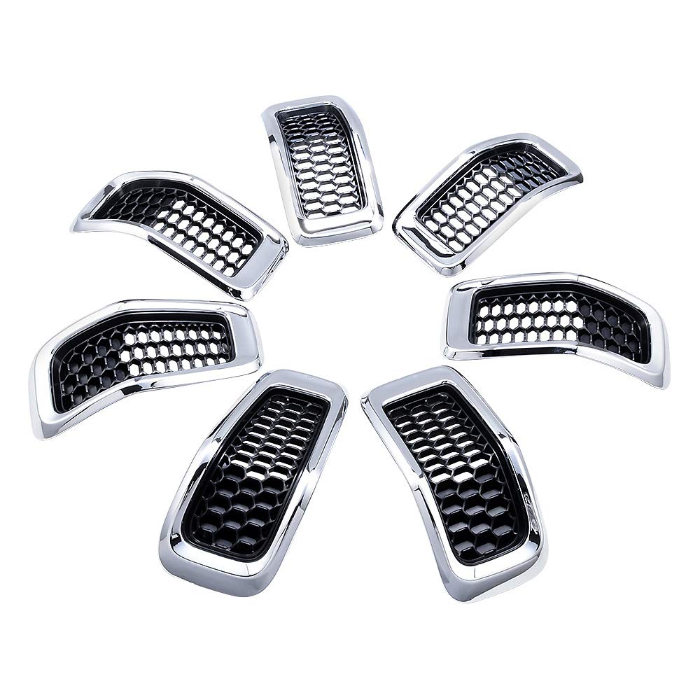 Compatible with 2014-2018 Jeep Cherokee 4-Door Grille Grill Cover Trim Insert Kit 7pcs (Black Mesh Grille + Chrome Moulding Trim)