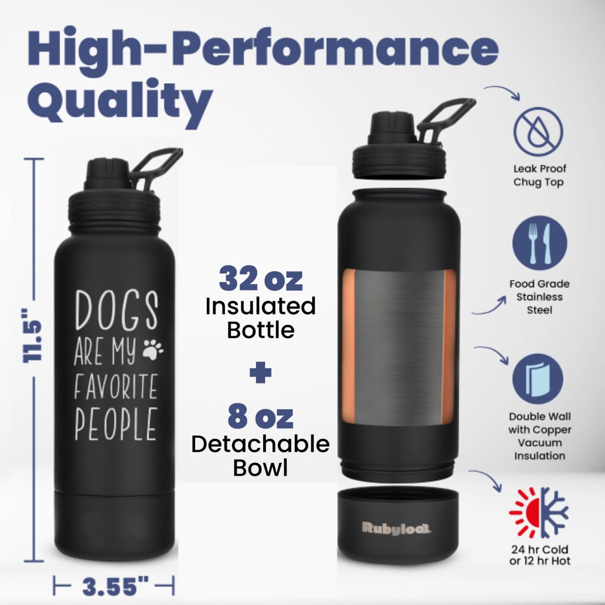 Dog Water Bottle for Dog Lovers - 32 oz Stainless Steel Double Wall Insulated Water Bottle with 8 oz Detachable Bowl on Bottom- Ideal for Doggy Lovers - “Favorite People” Black