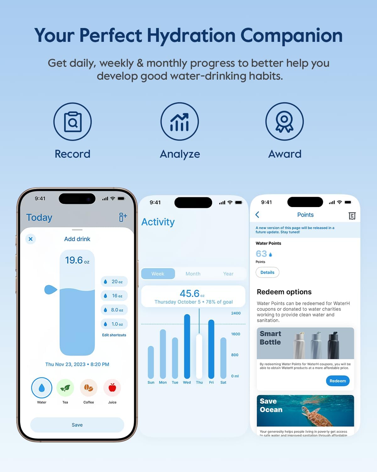 WATERH Boost Smart Water Bottle that Reminds You to Drink, BPA-Free Stainless Steel Vacuum Insulated Bottle, Wide Mouth Water Tracker Bottle with APP, Ideal for Father's Day, Black, 24 Ounces