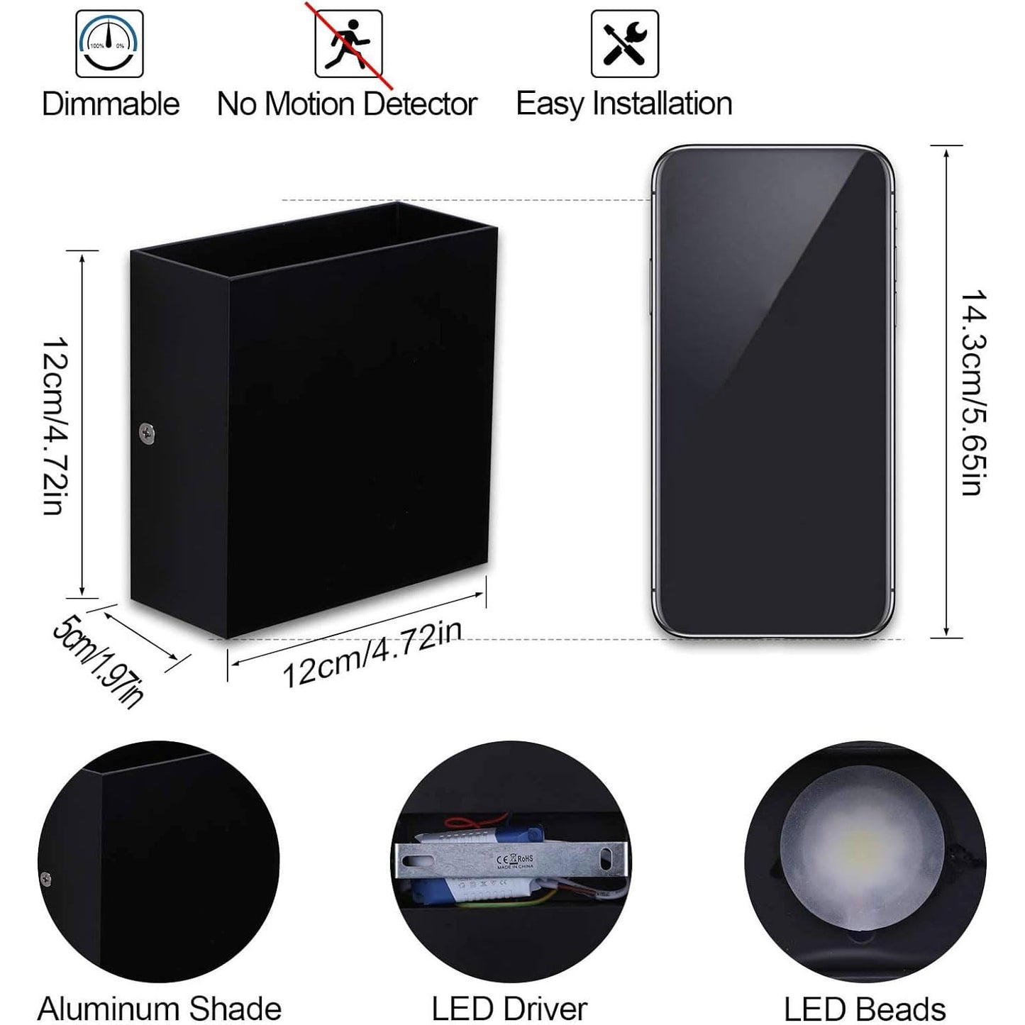 Lightess Indoor Wall Sconce Dimmable 10W, Modern LED Wall Lamp Black, Up Down Wall Mount Lights Mini Metal for Living Room Bedroom Hallway Decor, Warm White, O1185TP