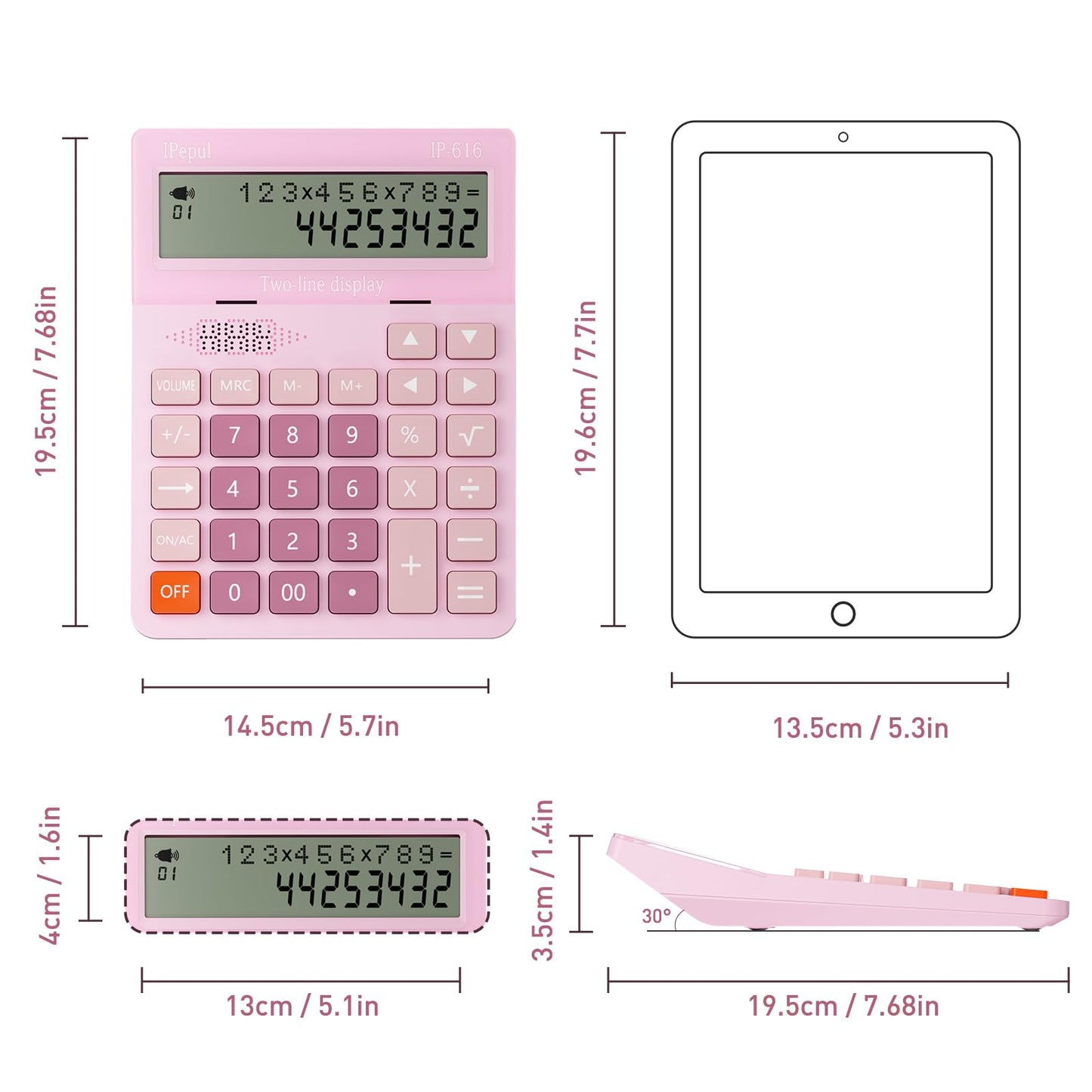 Calculators Desktop,Ipepul Talking Calculator with 2-line 12-Digits Large LCD Display and Large Button,4 Function Calculator for Business,Office,Store,School (Pink)