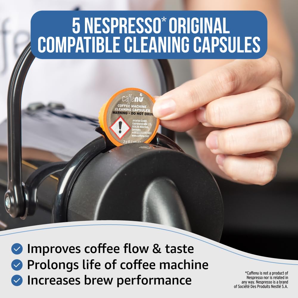 Caffenu Cleaning Pods Compatible with Nespresso Originaline. Improves Coffee Flavor. 5 Cleaning Capsules, Use with Descaling Kit.