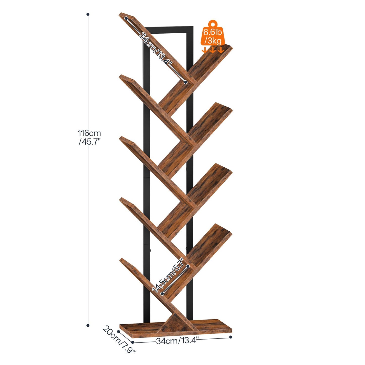 HOOBRO Tree Bookshelf, 9-Tier Bookcase with LED Lights, Space-Saving Book Shelf, Holds Books, CDs, Floor Standing Bookcase for Office, Living Room, Bedroom, Rustic Brown and Black BF08DSJ01