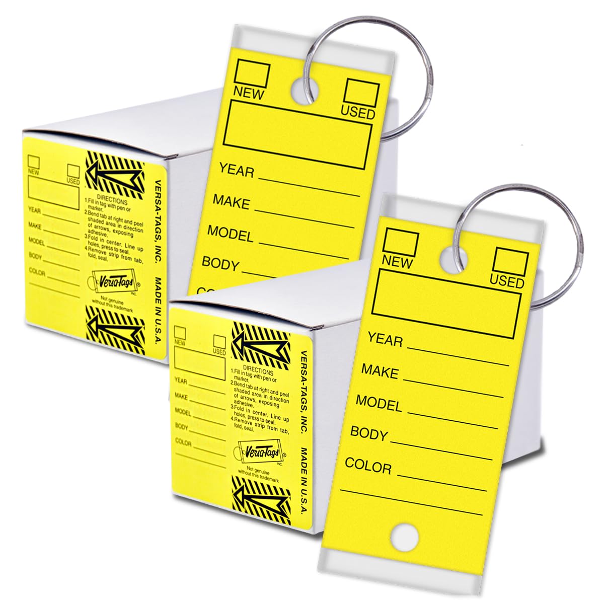 Yellow (2) Two Pack - Genuine Versa-tag Key Tags, Self-protecting (2 Boxes) (250 Tags Per Box with Metal Rings) by Versa-Tags