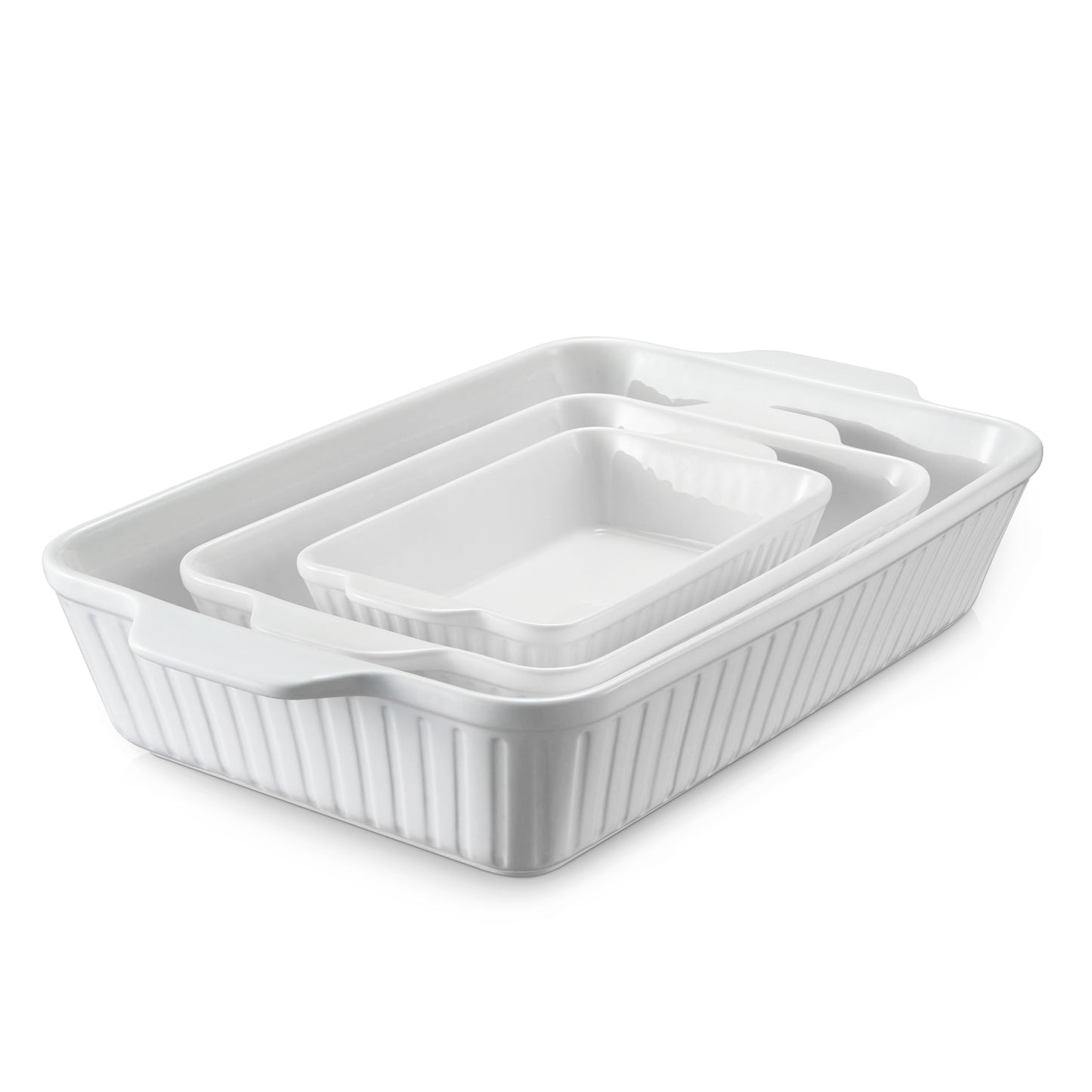 DOWAN Casserole Dishes for Oven, Baking Dishes Set, Ceramic Bakeware Sets of 3, Lasagna Pan Deep, Rectangular Baking Pan Set with Handles for Baking, Casserole, Kitchen, Wedding Gift, Soft White (15.6