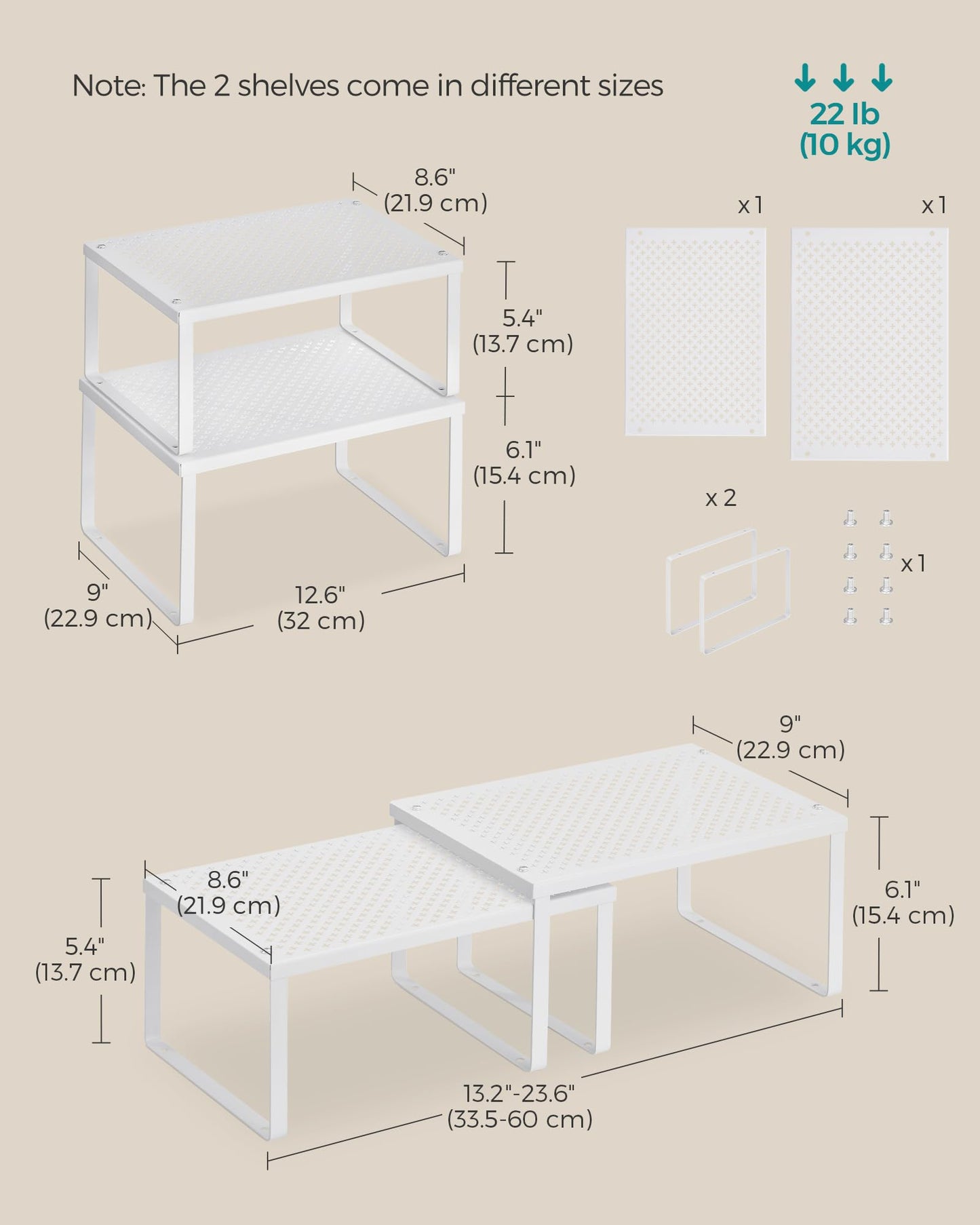SONGMICS Spice Racks, Set of 4 Metal Cabinet Shelf Organizers, Countertop Organizers, Shelf Risers, Stackable, Expandable, White UKCS006W01