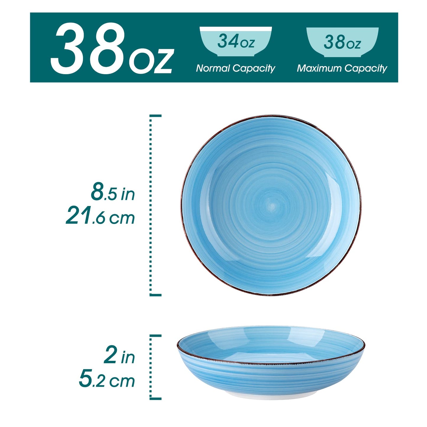 vancasso Bonita Pasta Bowls 38 oz, Large Ceramic Salad Bowls, Pasta Bowl Set of 6, Microwave & Dishwasher Safe Soup Bowls, Serving Bowls, Blue Bowl Set