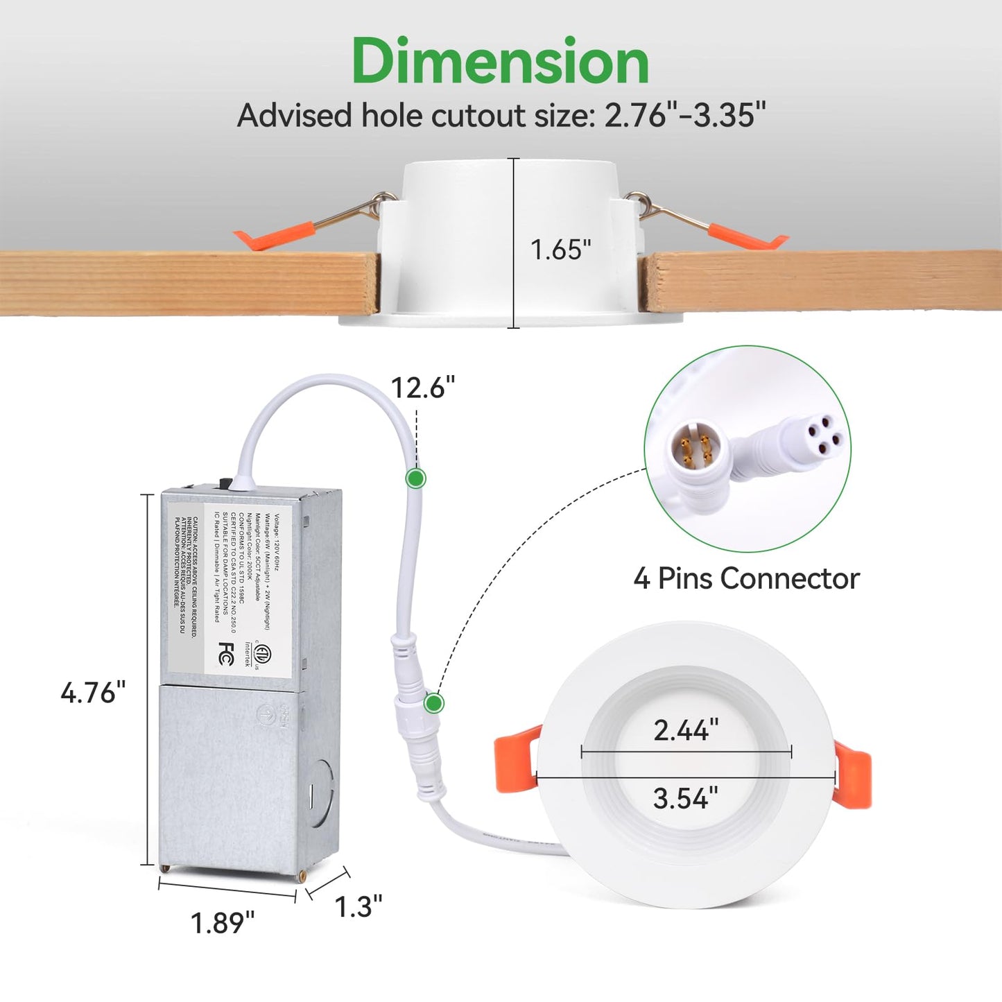 Togalonn Pot Lights 3 Inch LED Recessed with Night Light, Dimmable & 5CCT Selectable Slim Soffit Downlight, Ultra-Thin Canless Wafer Lighting, cETL, IC Rate, 6W/2W, Cut-Out 3", 6 Pack