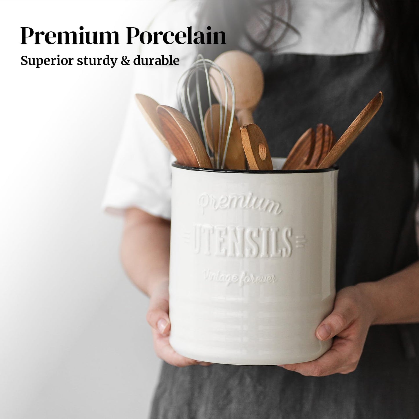 DOWAN Kitchen Utensil Holder, 7.2″ Extra Large Ceramic Utensil Crock, White Utensil Caddy, Rustic Farmhouse Kitchen Décor, Countertop Utensil Organizer with Table-Protection Cork Mat, Deep and Stable