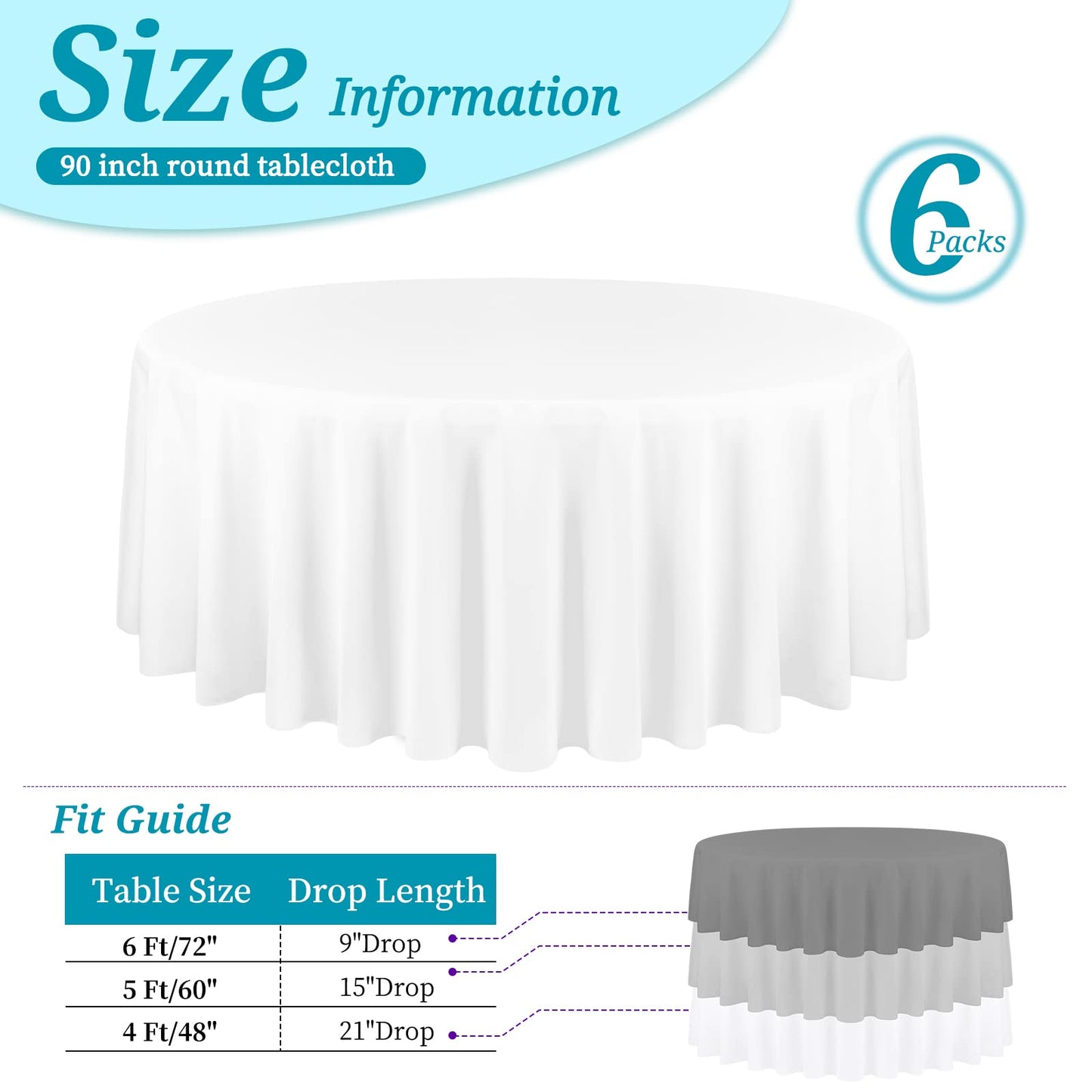 6 Pack Round Tablecloth White Table Cloths 90 Inch Polyester Round Table Cloth,White TableClothes Round 90 inch Washable Fabric Table Covers for Wedding,Party,Dining,Banquet