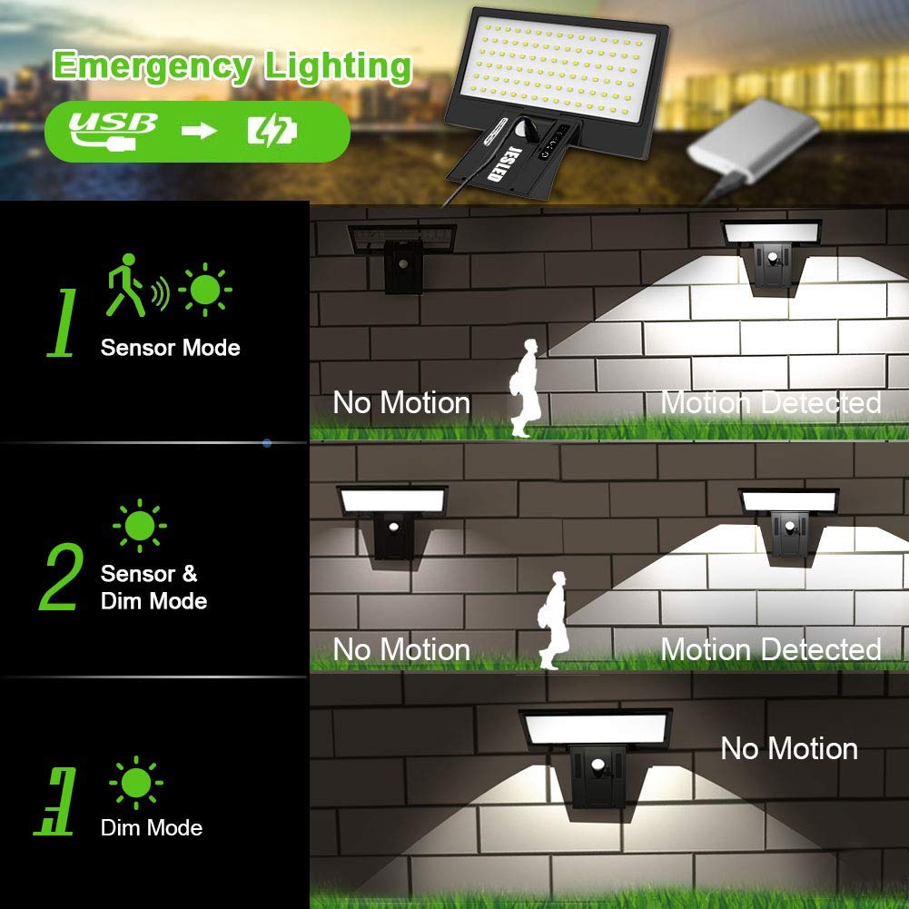 JESLED Solar Flood Lights Outdoor Motion Sensor, 90 LED Solar Powered Exterior Wall Security Light Waterproof for Garden Yard Patio Dusk-to-Dawn, Super Bright USB Charging & Emergency Lighting(2Pack)